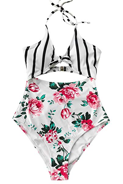 Floral Striped Vintage Swimsuit